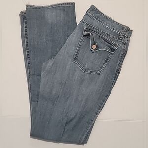 Gap Women's Curvy Low Rise Distressed Blue Denim Flare Jeans Size 10 Long